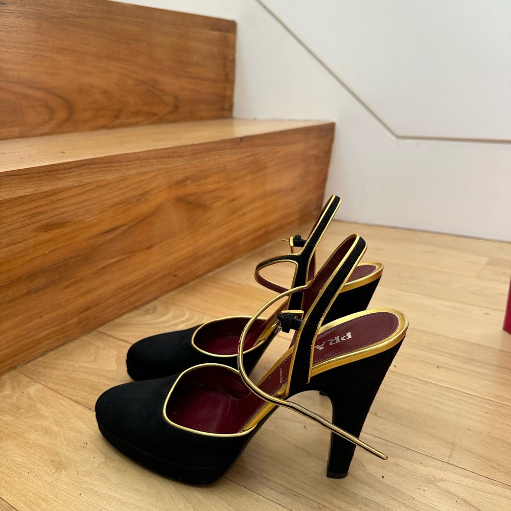 Prada black gold stiletto heels